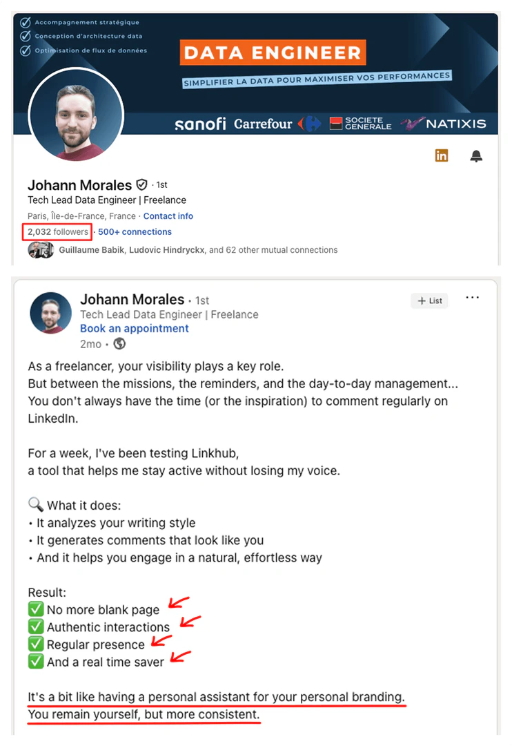 LinkHub interface showing personalized comments