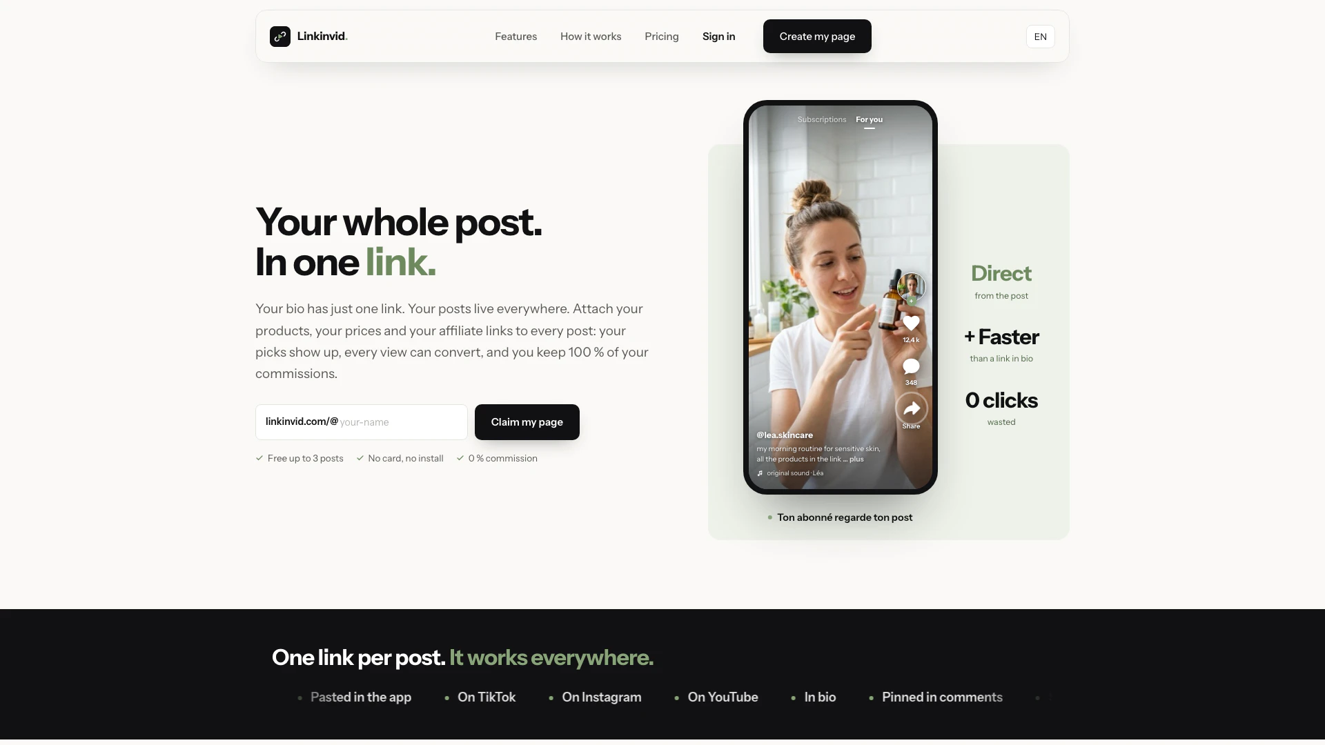 Linkinvid website screenshot showing Attach your products, prices, and affili... interface and features