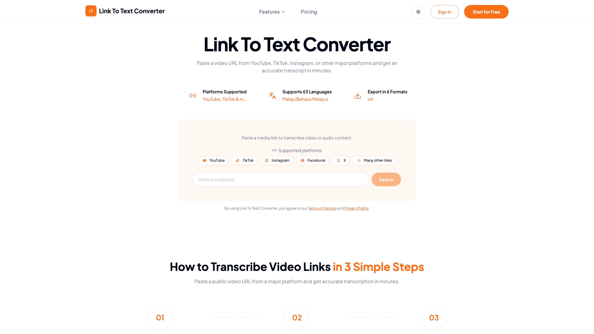 Linktotextconverter website screenshot showing Paste a video URL from YouTube, TikTok, ... interface and features