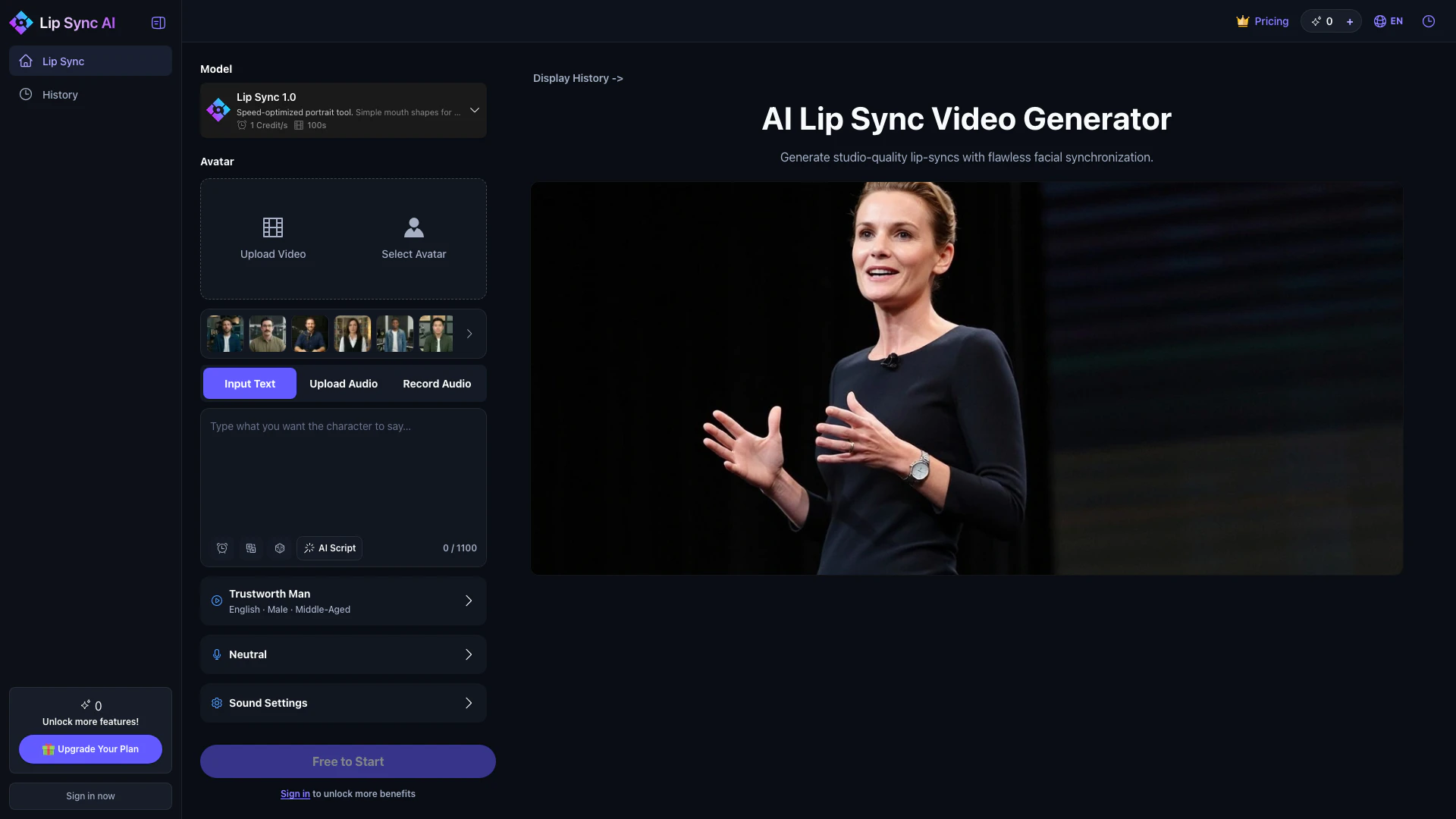 Lip Syncai website screenshot showing Laden Sie Ihr Video hoch und generieren ... interface and features