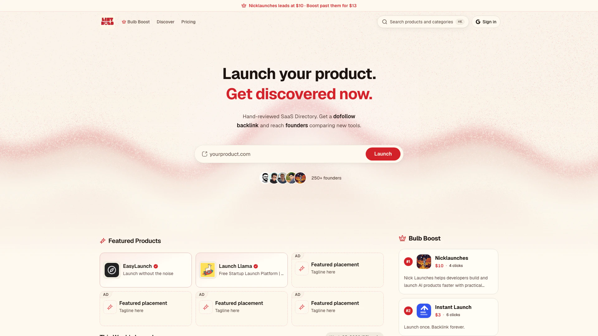 Listbulb website screenshot showing A directory of AI tools and products cur... interface and features