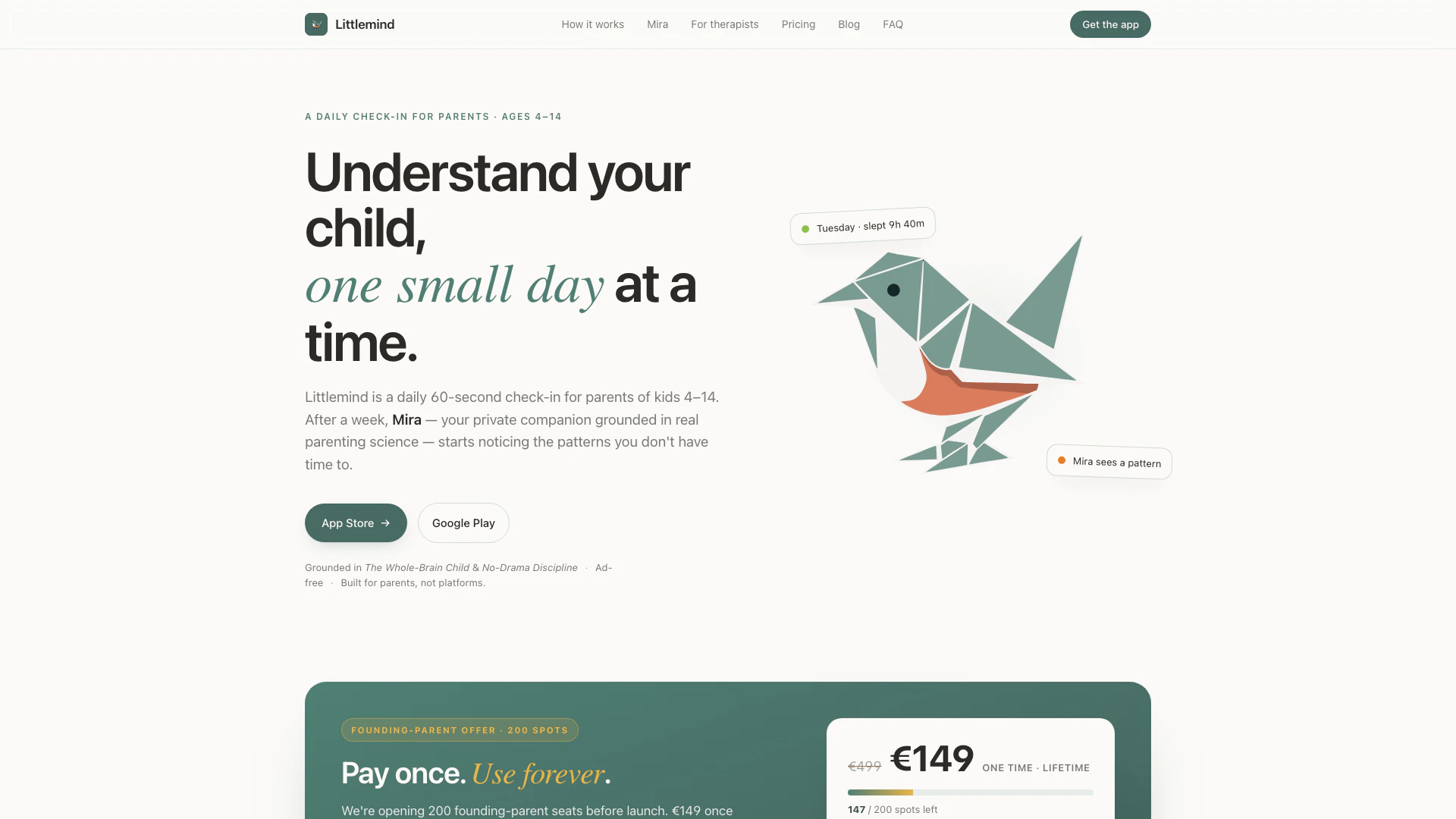 Littlemindapp website screenshot showing Littlemind is a daily 60-second check-in... interface and features