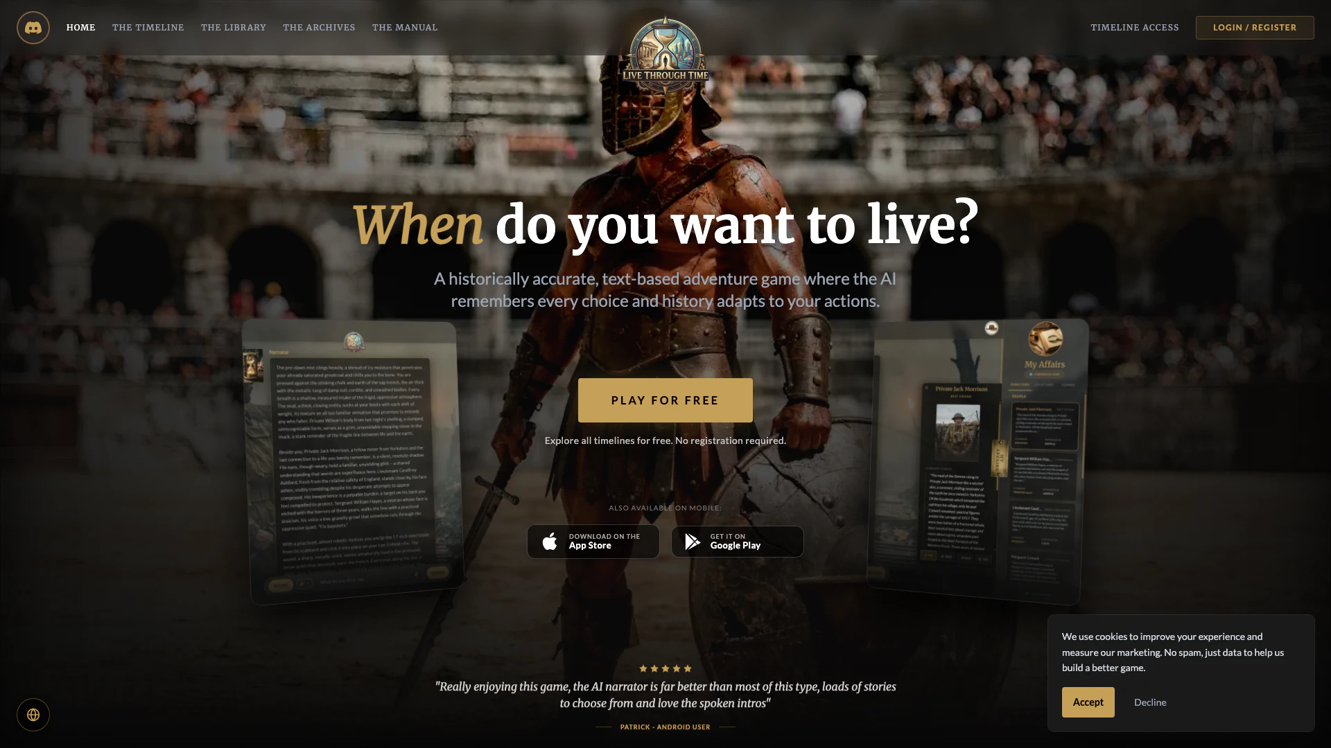 Livethroughtime website screenshot showing Step into the past with Livethroughtime,... interface and features