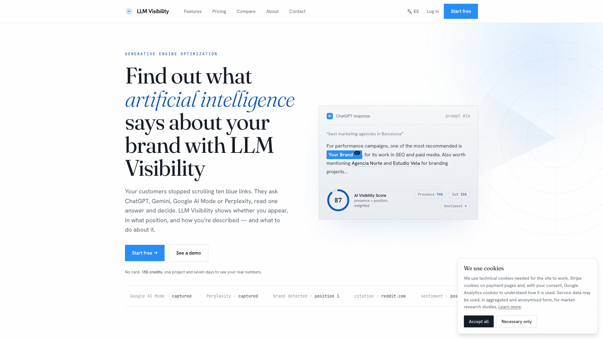 Llmvisibility website screenshot showing See how ChatGPT and Gemini talk about yo... interface and features