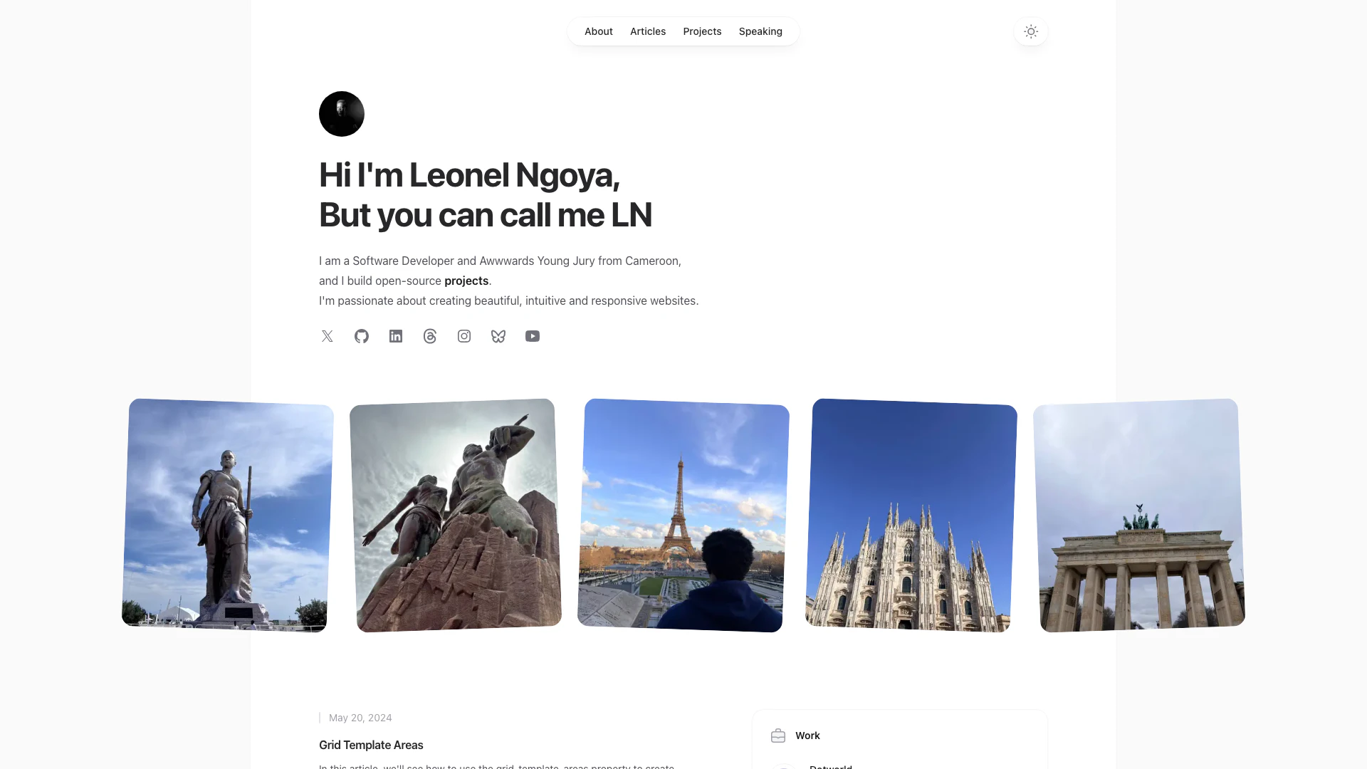 Lndev website screenshot showing 我是一位來自喀麥隆的軟體開發者和Awwwards青年評審,熱衷於創造美麗、直觀且... interface and features