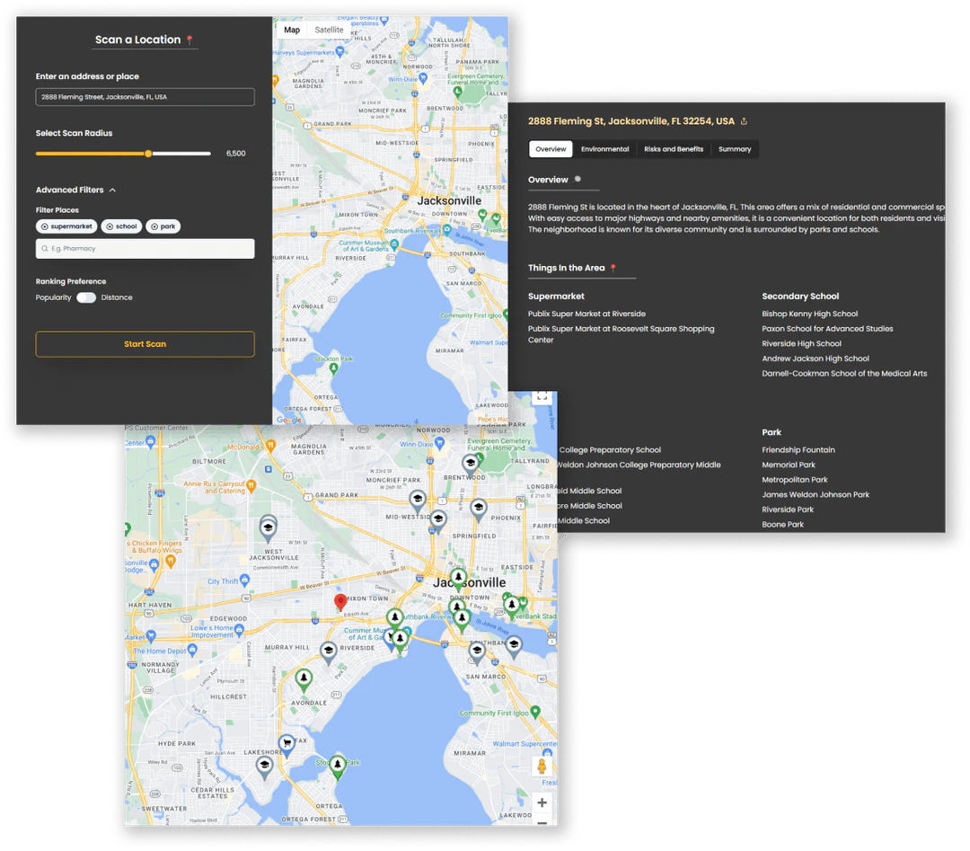 LocaleScan product overview showing interactive map features