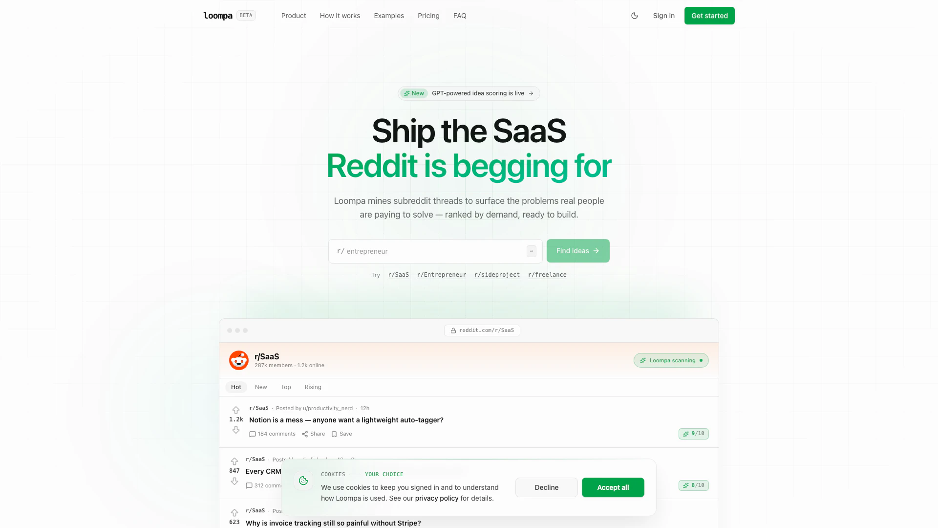 Loompa website screenshot showing Loompa 是一款强大的工具,利用 GPT 技术从 Reddit 中提取和排名... interface and features