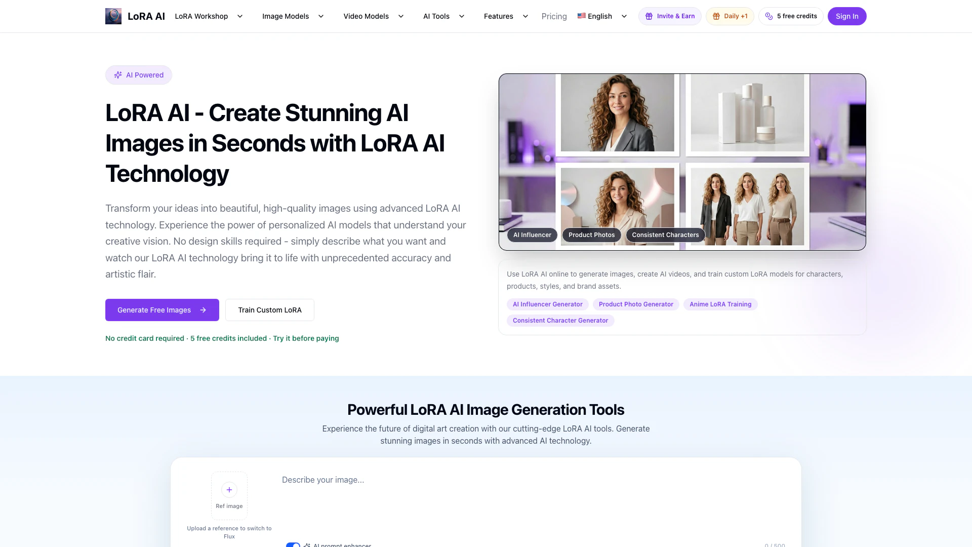 Lora Ai website screenshot showing LoRA AI cho phép bạn tạo ra những hình ả... interface and features
