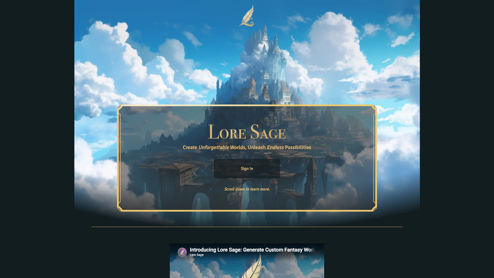 Lore Sage website screenshot showing Create unforgettable worlds, and unleash... interface and features