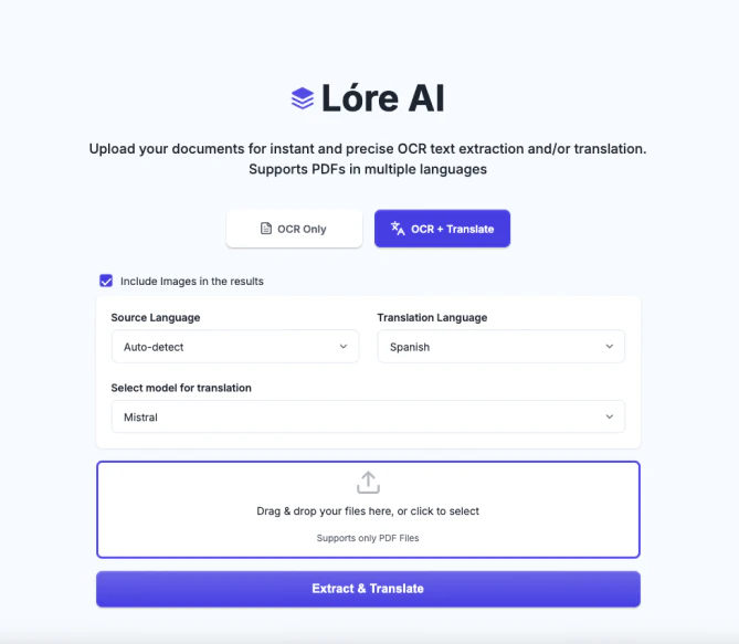 Loreai product interface showing PDF to Word conversion
