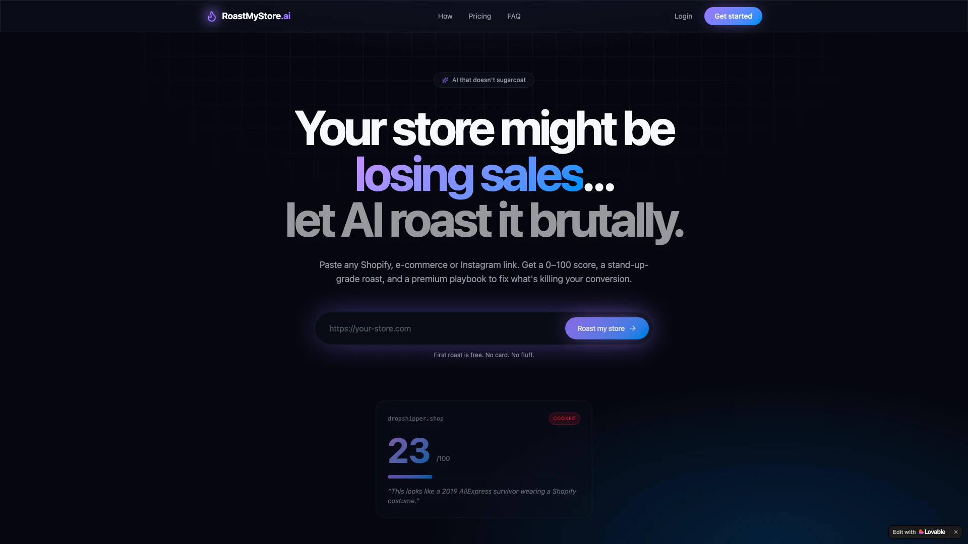 Roastmystore ai website screenshot showing Paste your Shopify, e-commerce, or Insta... interface and features