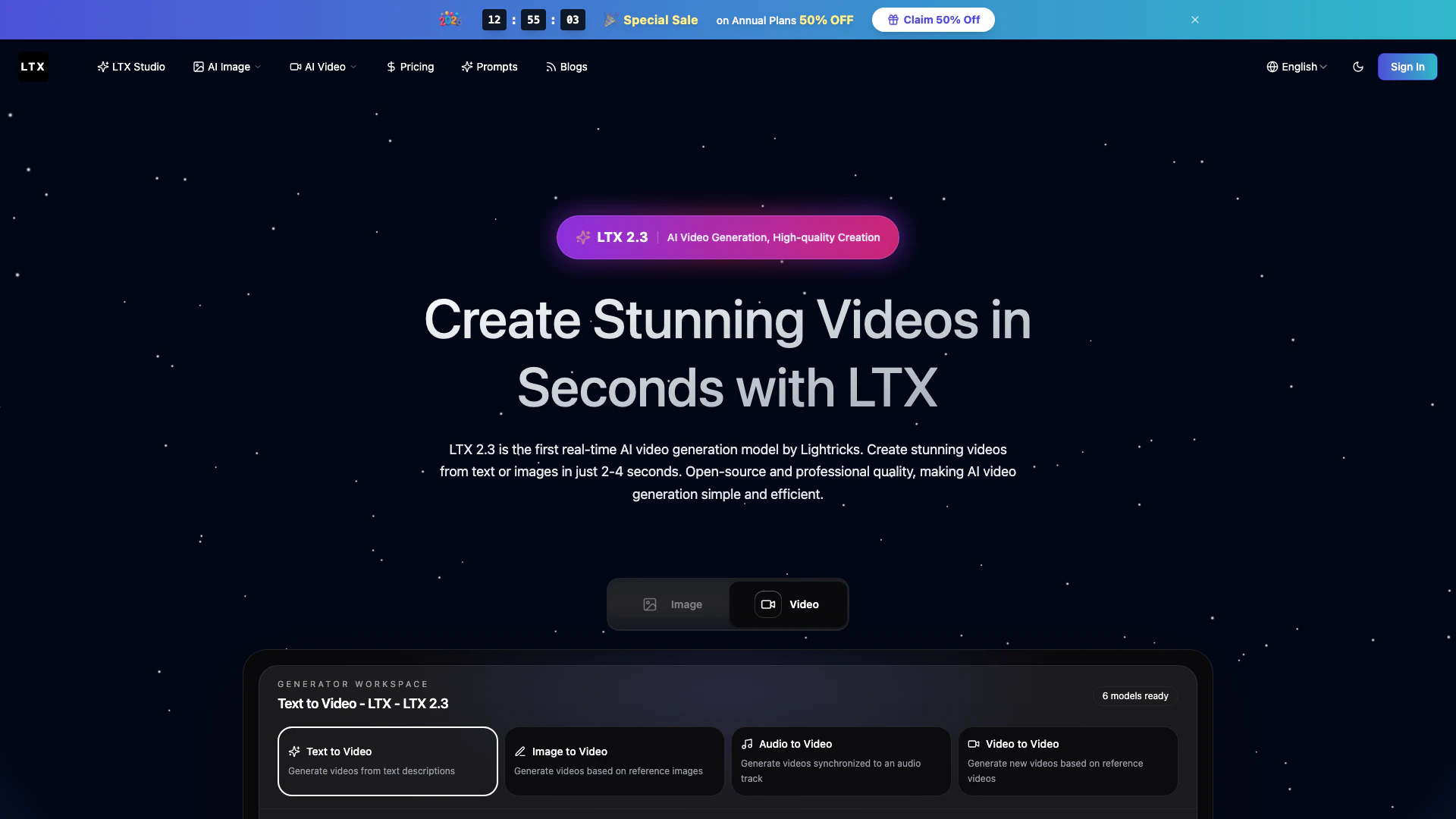 Ltx website screenshot showing LTX is the first real-time AI video gene... interface and features