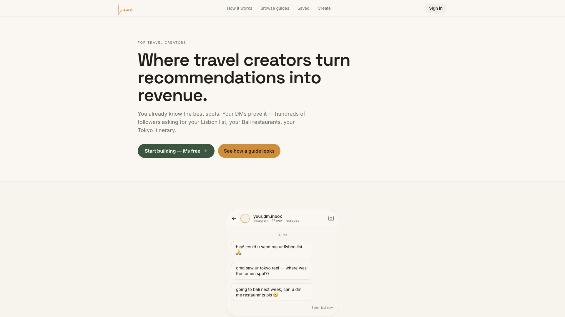 Lume website screenshot showing Lume is a creator-first travel guide pla... interface and features