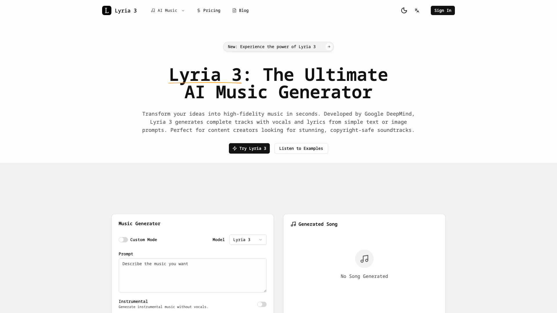 Lyria 3 website screenshot showing Create high-fidelity music instantly wit... interface and features