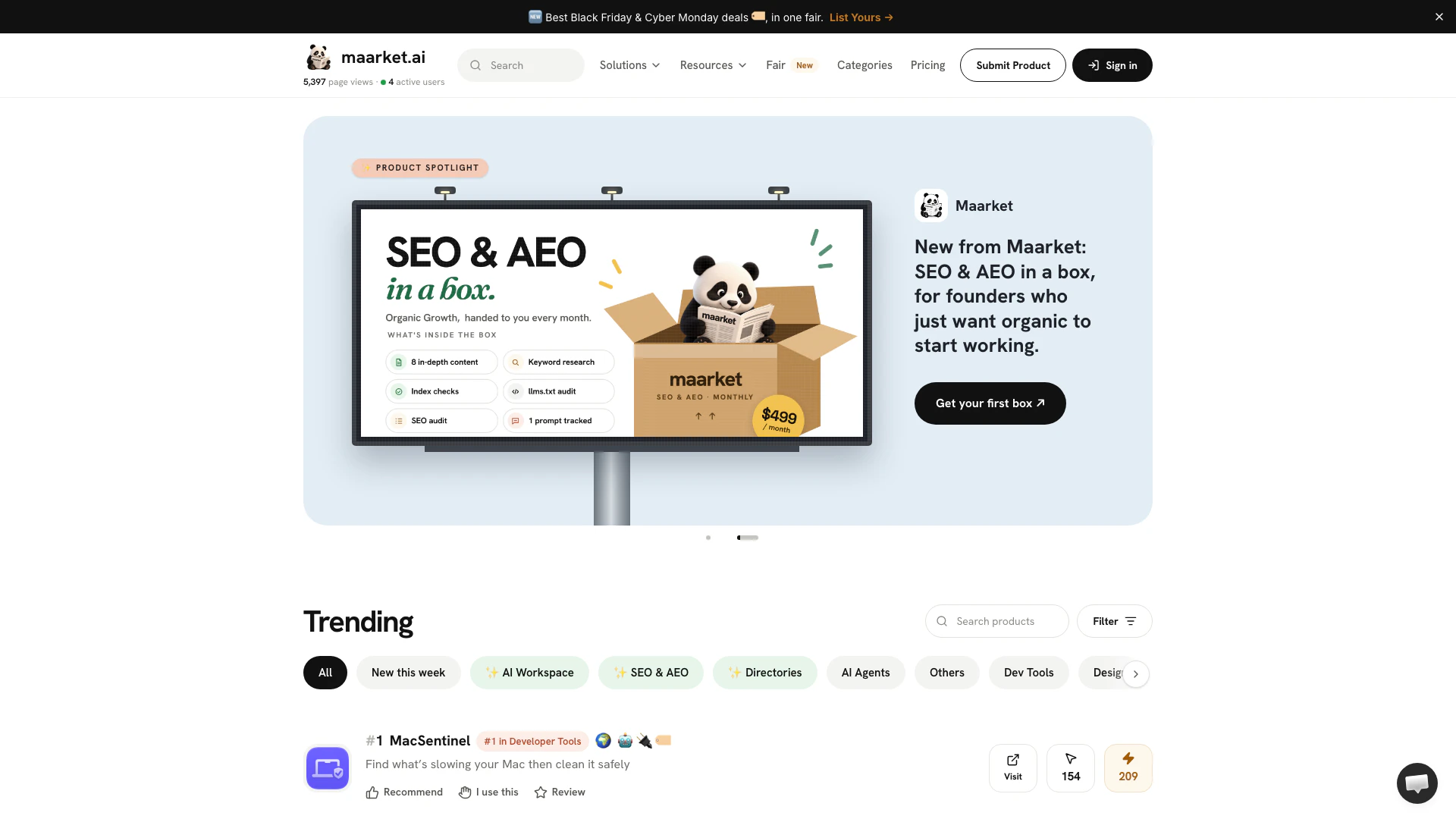 Maarketai website screenshot showing Compare and discover top software, AI to... interface and features