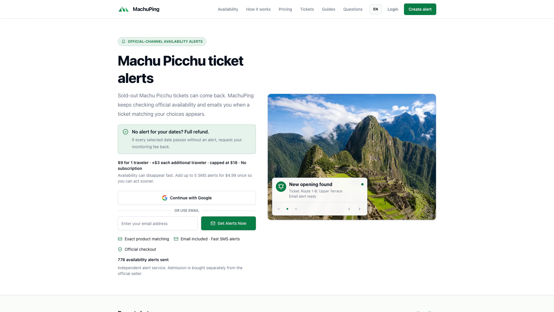 Machuping website screenshot showing MachuPingは、選択したルート、最大3つの訪問日、パーティーサイズを選択し... interface and features