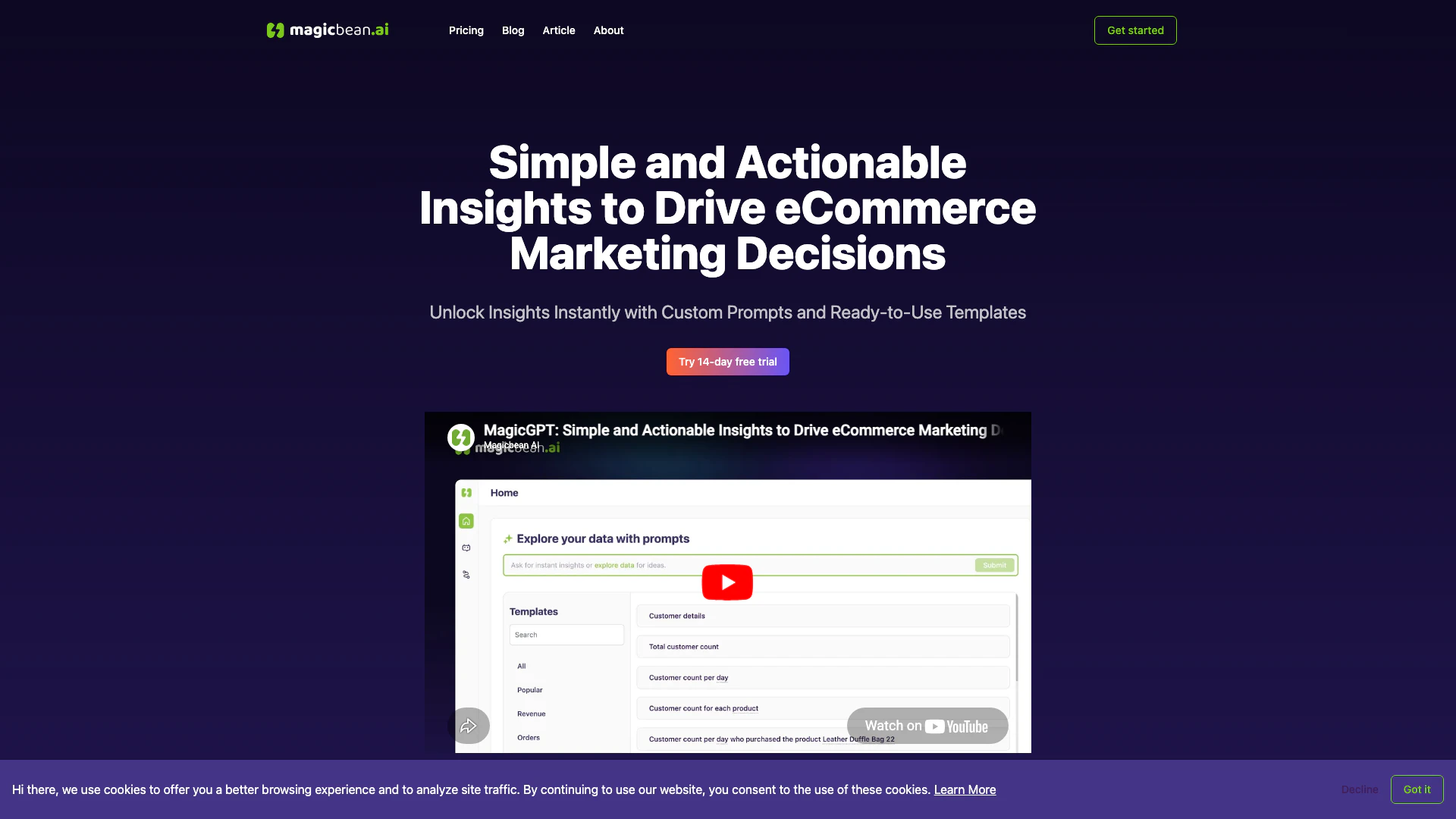 Magicbean website screenshot showing Magicbean.ai - Actionable Insights for e... interface and features