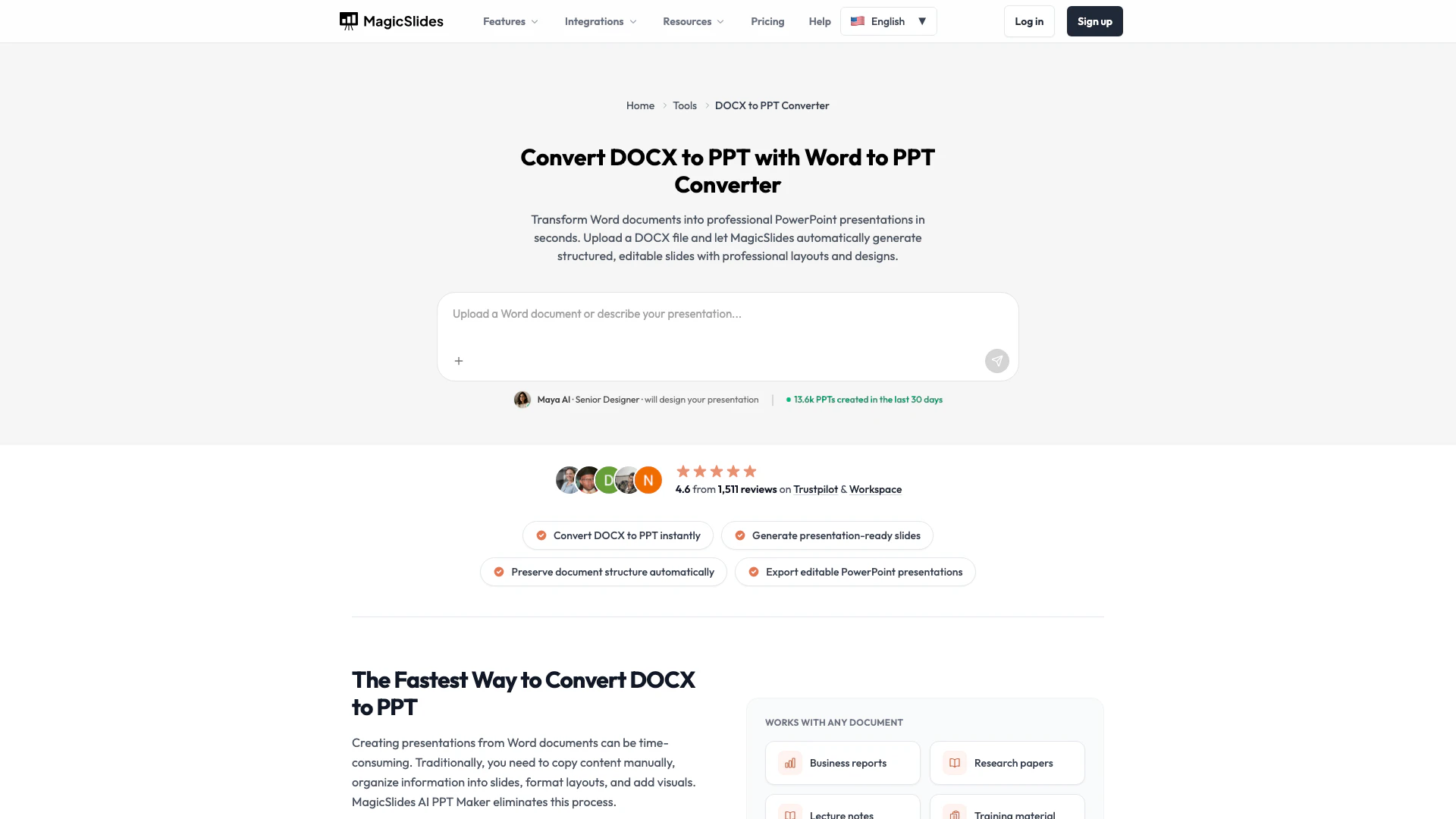Word To Ppt Converter website screenshot showing Easily convert your DOCX or Word files i... interface and features