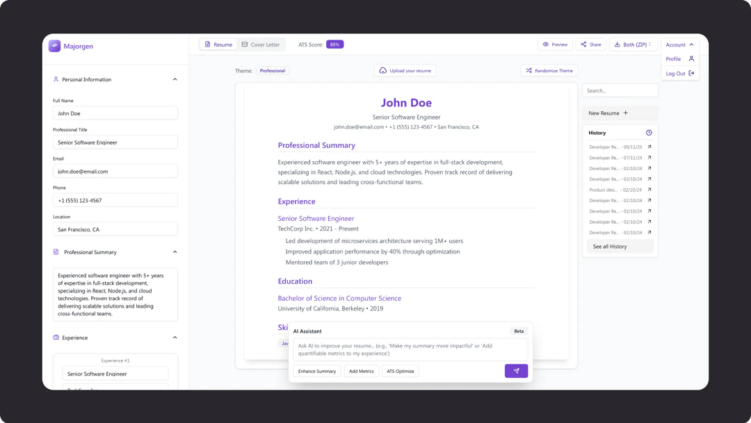 MajorGen product interface overview