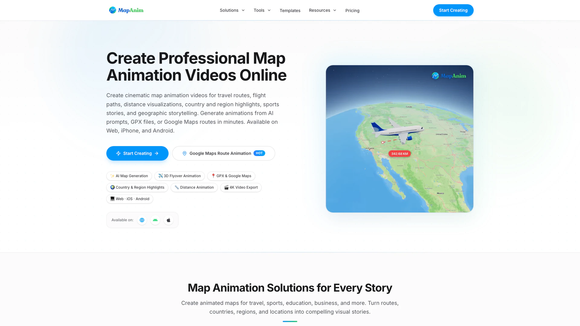 Mapanim website screenshot showing Create professional map animations for t... interface and features