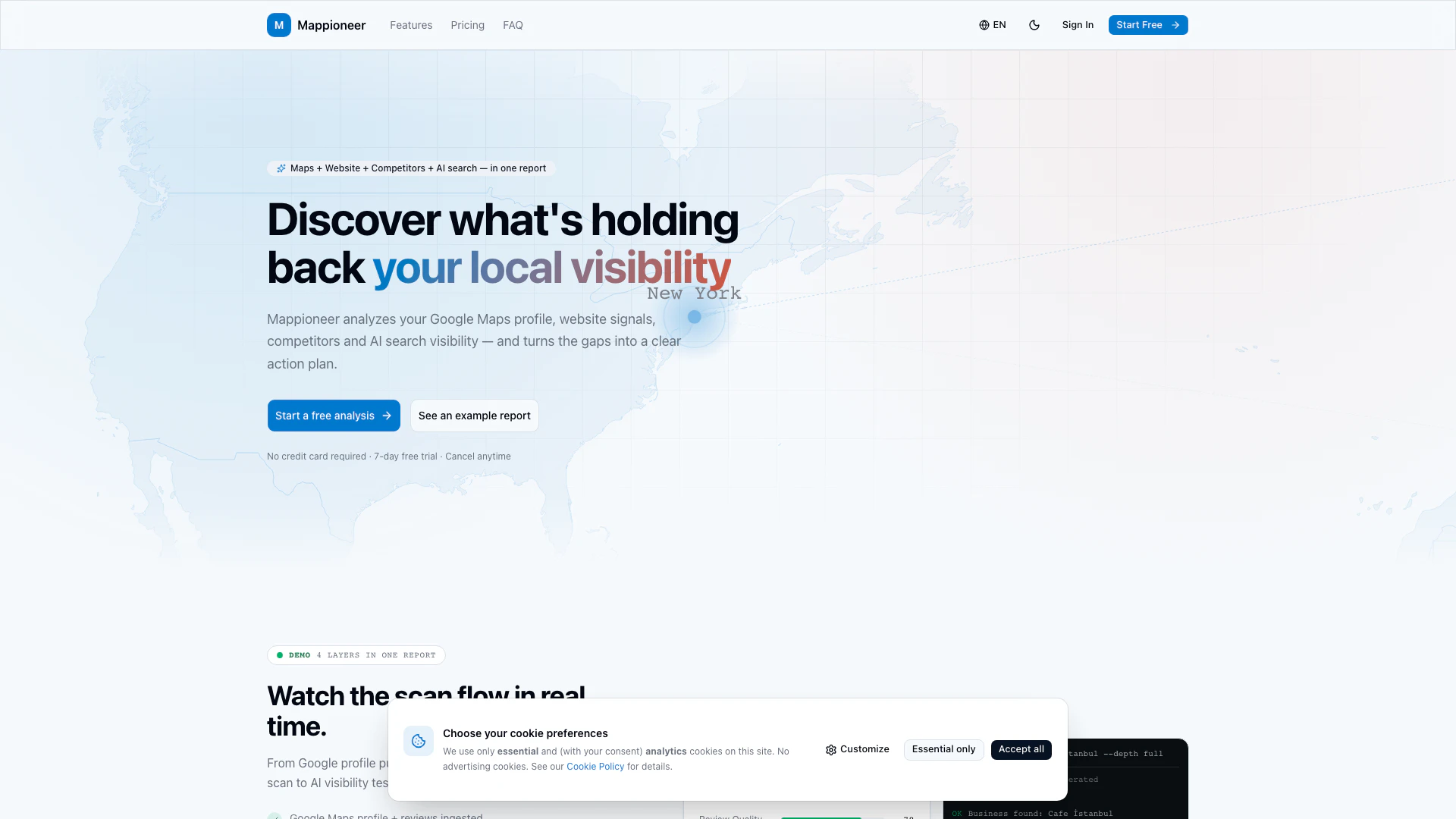 Mappioneer website screenshot showing Mappioneer帮助您分析Google Maps的存在、网站信号、竞争对手和... interface and features