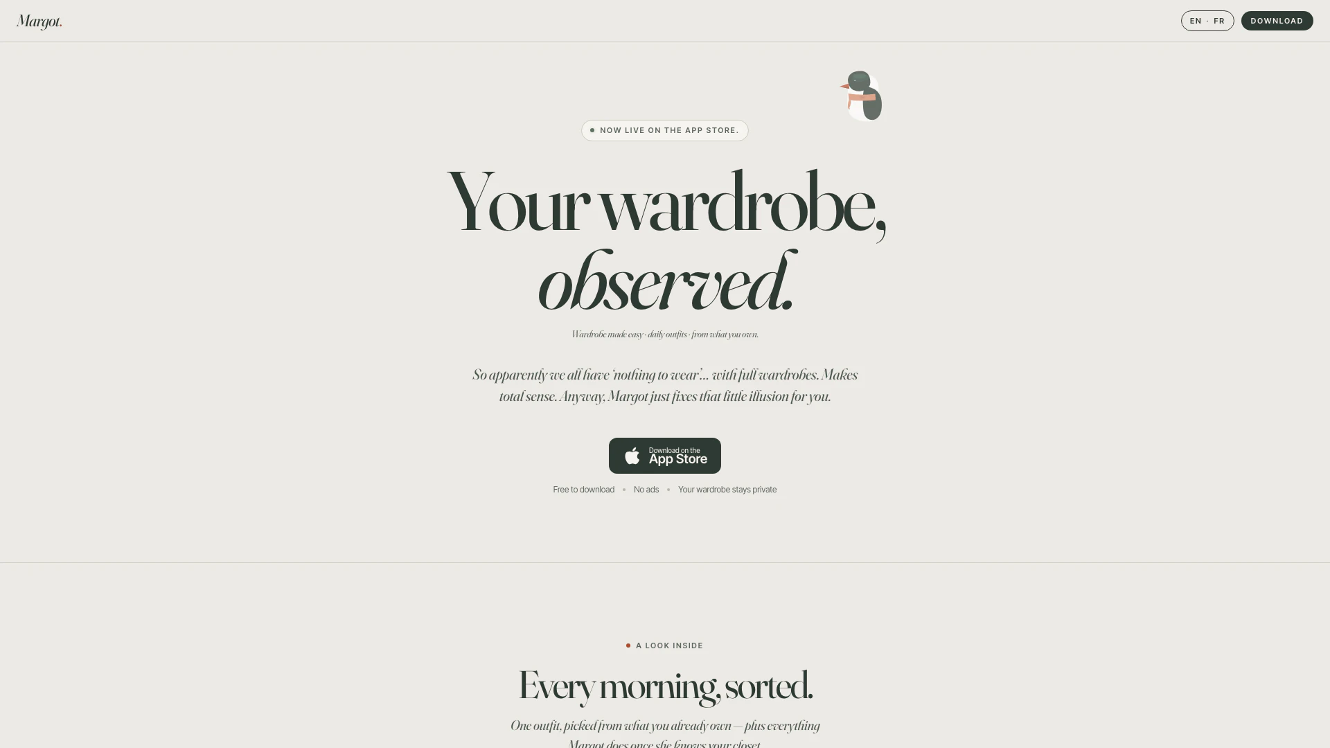Margotwardrobe website screenshot showing Margot is your wardrobe assistant that h... interface and features