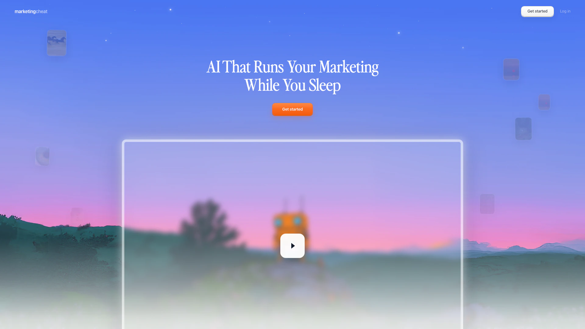 Marketingcheat website screenshot showing Automate your social media with AI to dr... interface and features