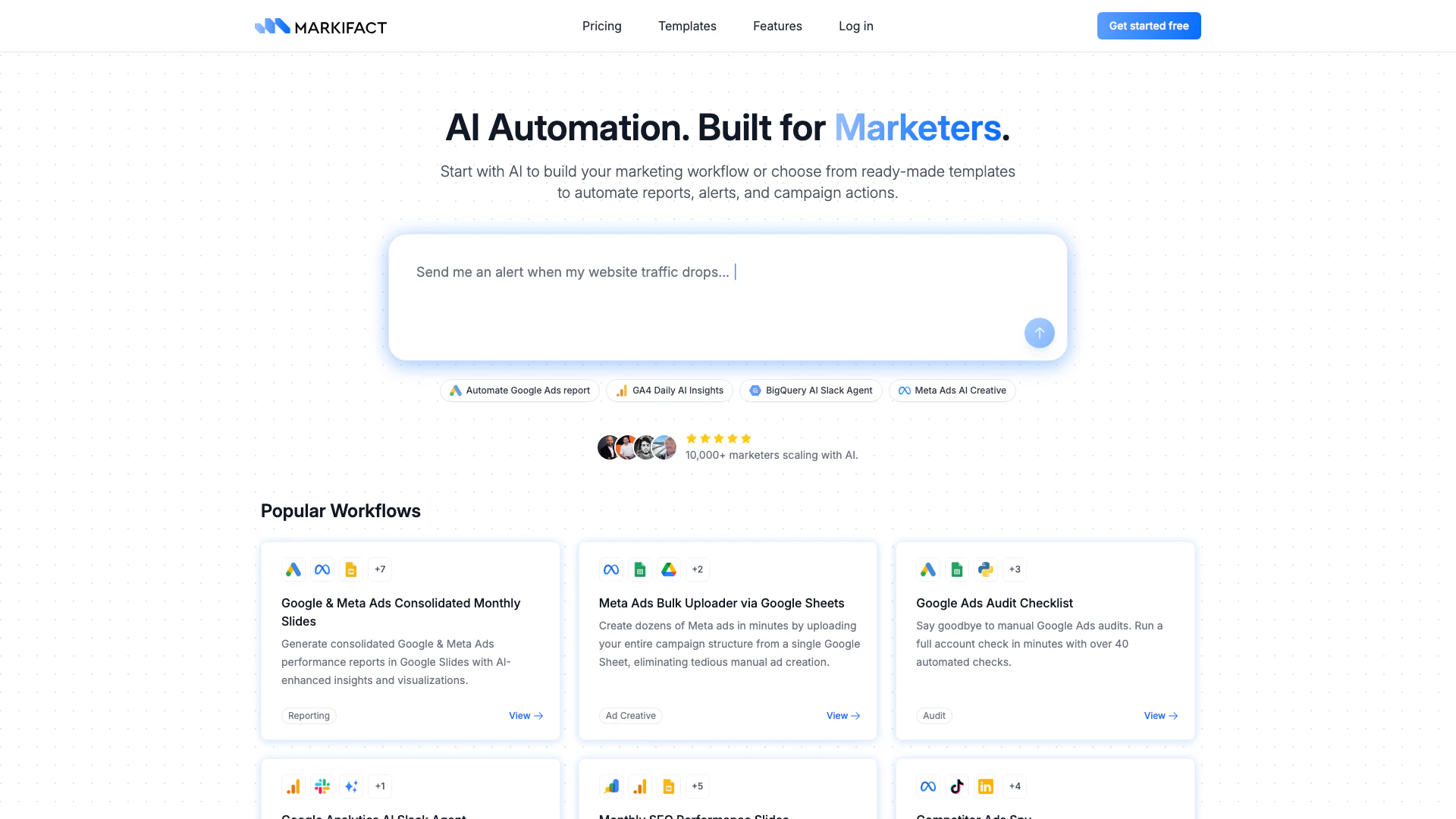 Markifact website screenshot showing Markifact automates marketing workflows ... interface and features