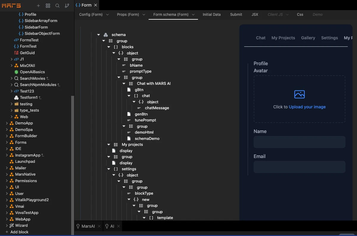 Marsai no-code IDE interface for building applications