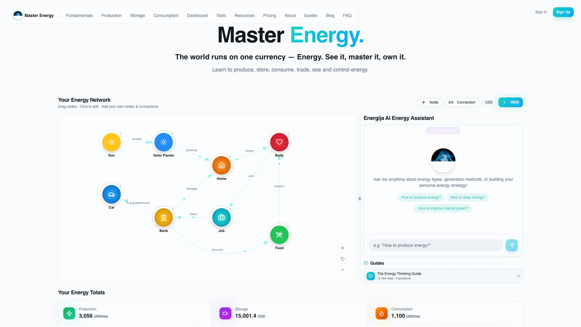 Masterenergy website screenshot showing Master Energy는 개인 에너지 독립을 위한 AI 기반의 플레이북... interface and features