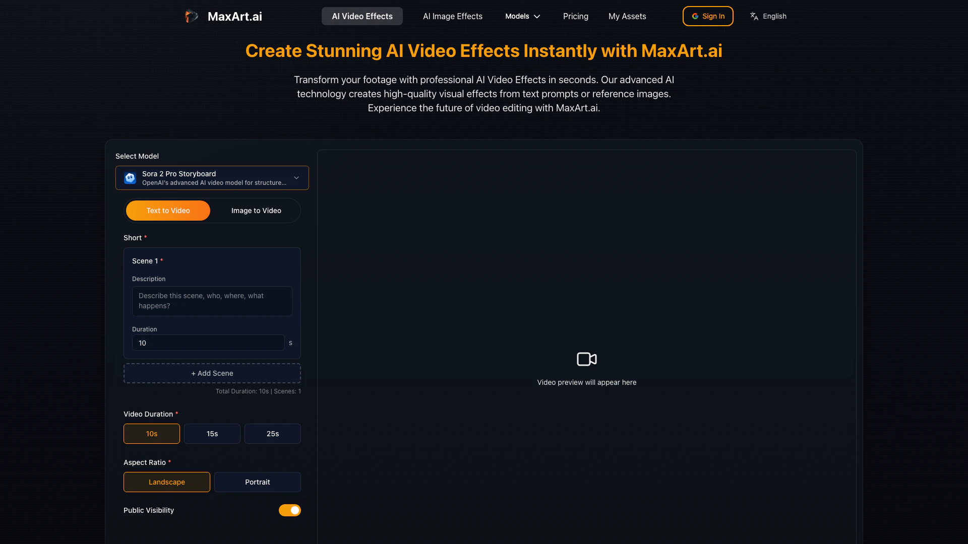 Maxart website screenshot showing Transform your videos with professional ... interface and features