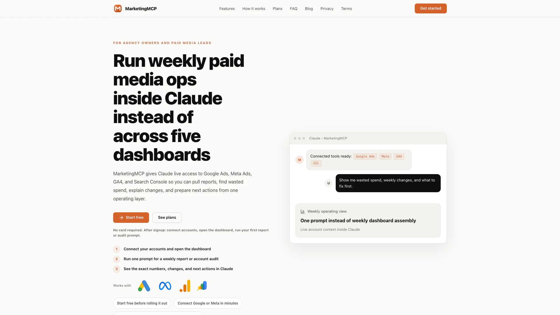 Mcp Ads website screenshot showing Connect your Google Ads, Meta Ads, GA4, ... interface and features