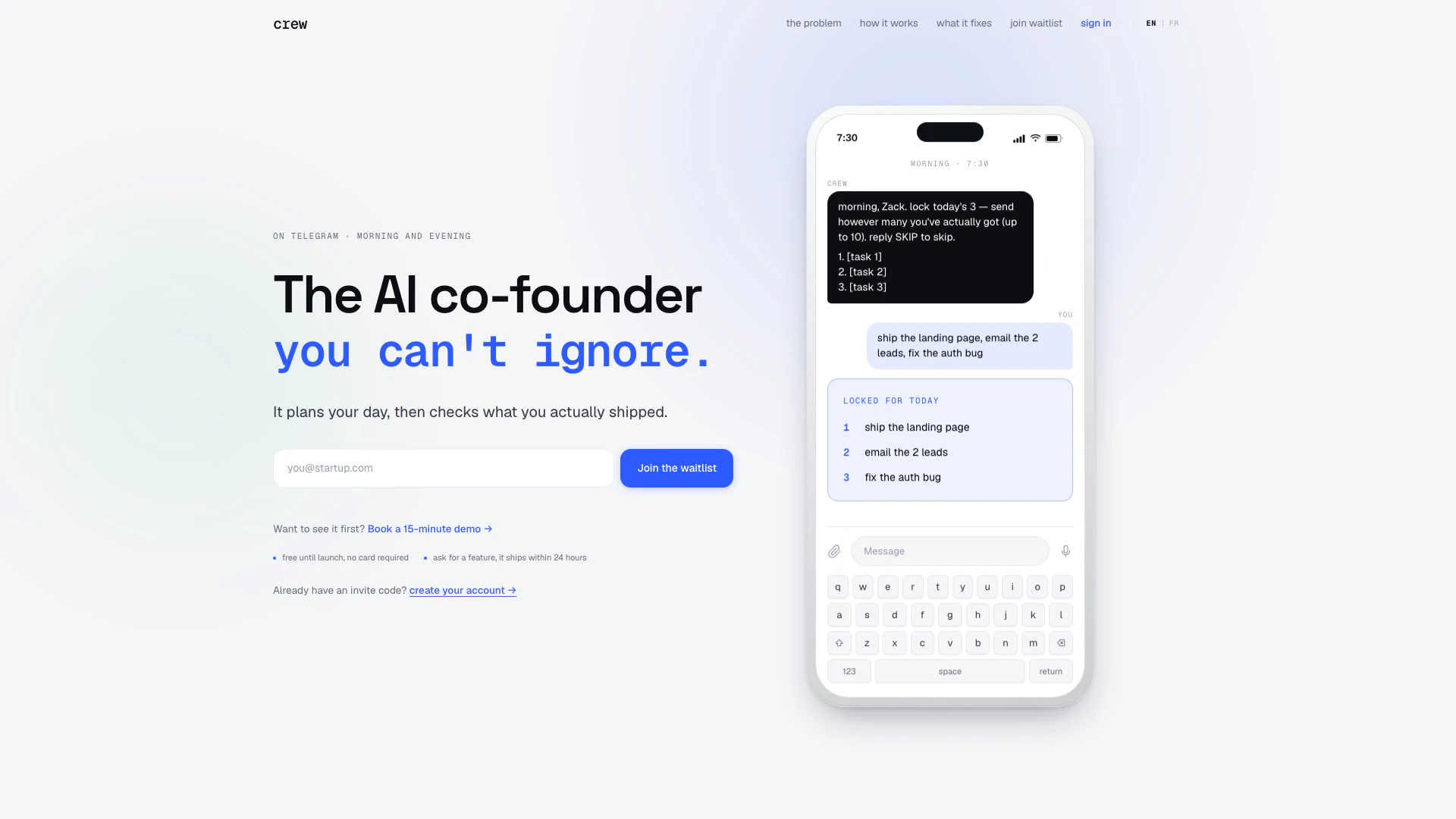 Meetcrew website screenshot showing Crew — your accountability co-founder. L... interface and features