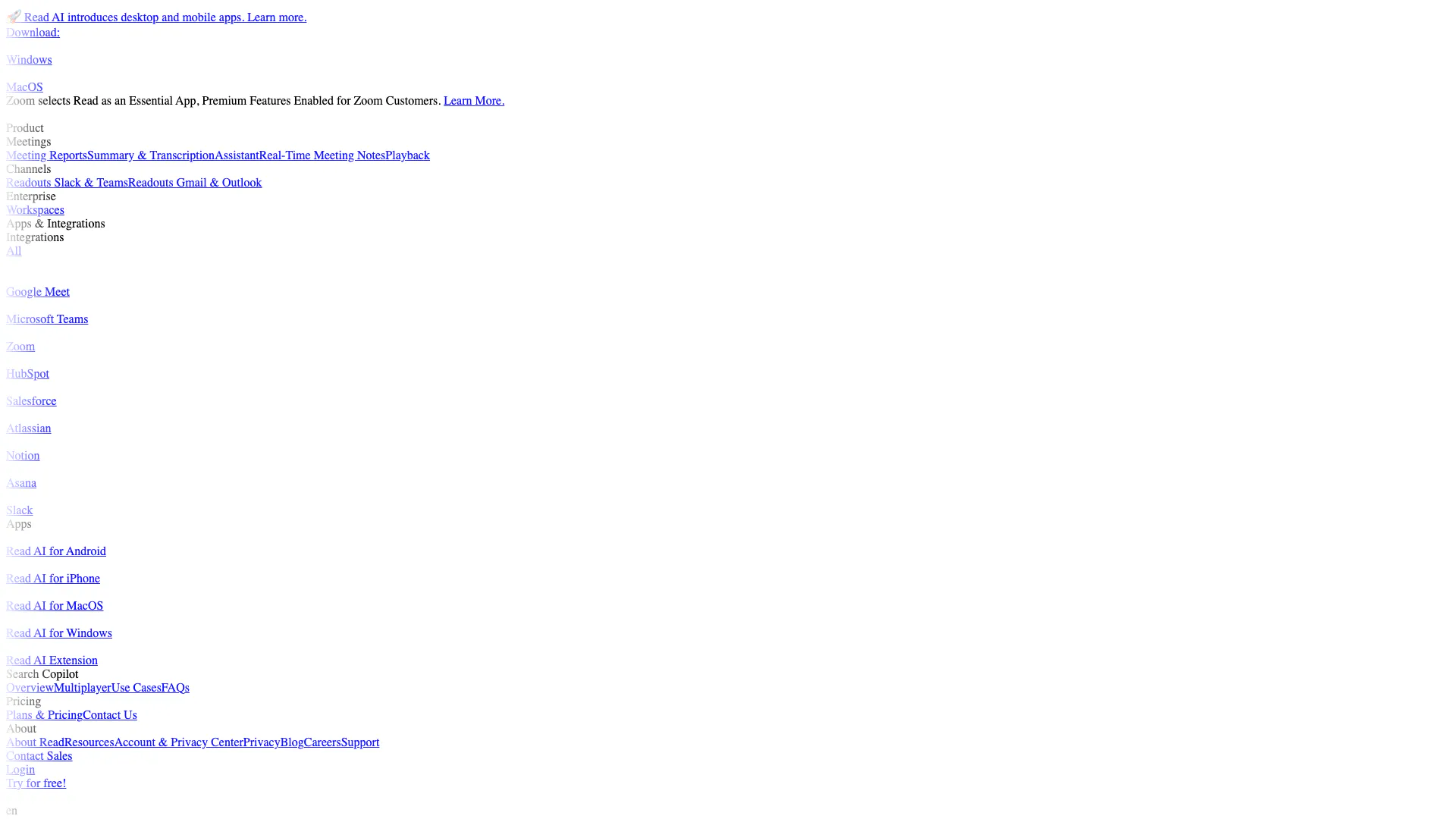 Read Speaker Coach website screenshot showing Read AI, o assistente de reunião em IA d... interface and features