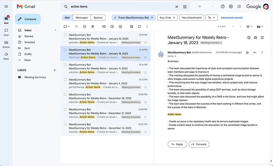MeetSummary summary received in inbox