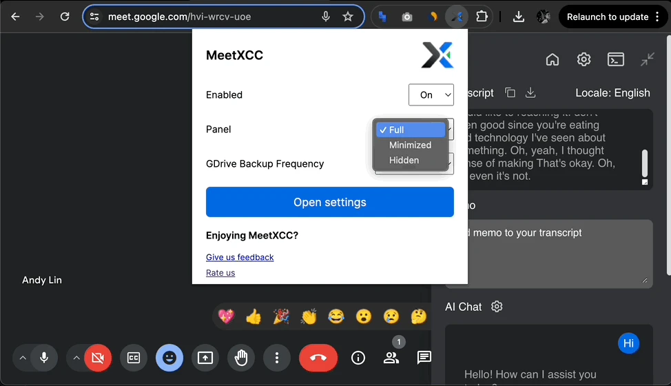 meetXcc user interface showing features