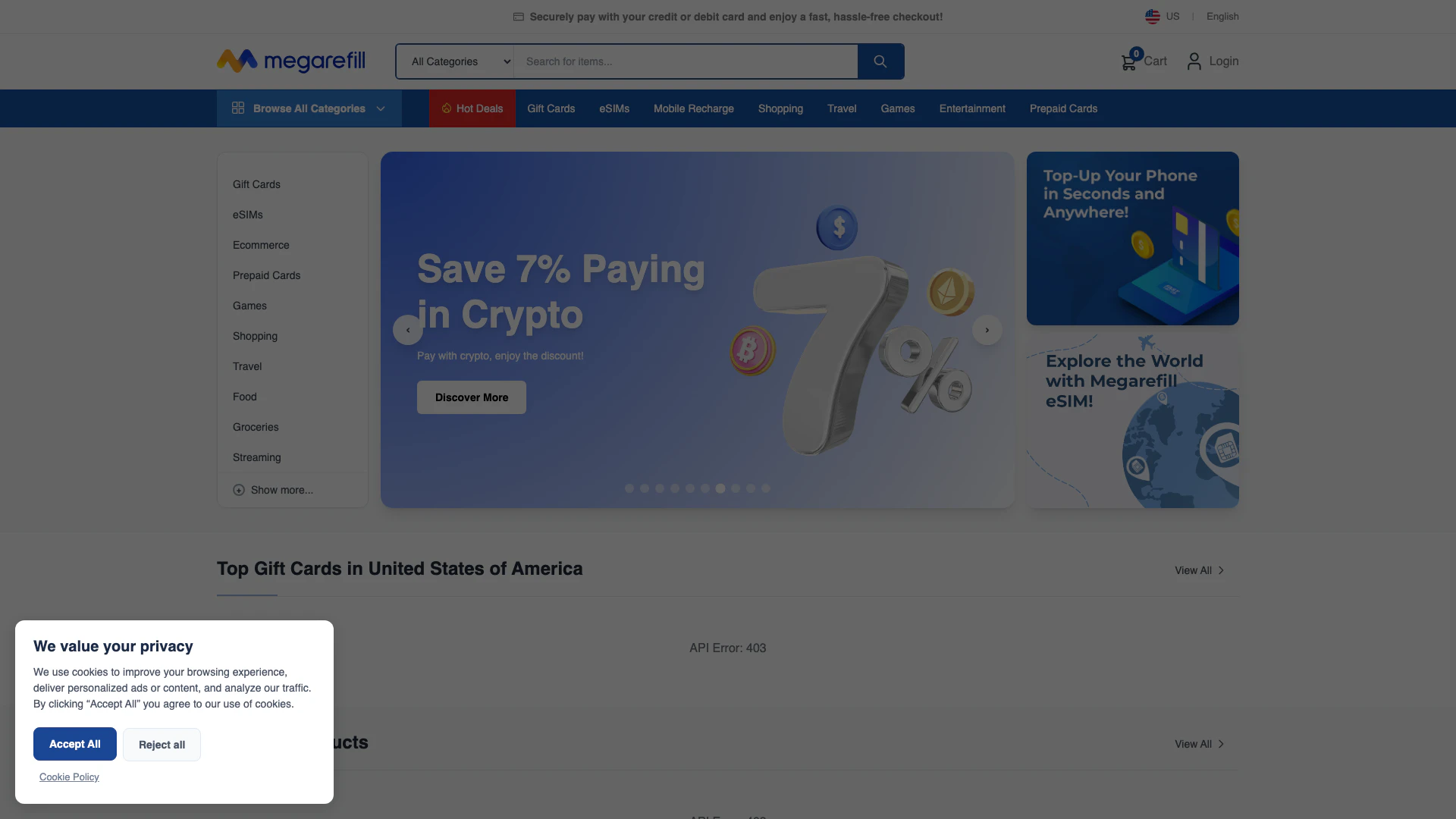 Megarefill website screenshot showing Compra Tarjetas de Regalo, Vales, eSIMs ... interface and features