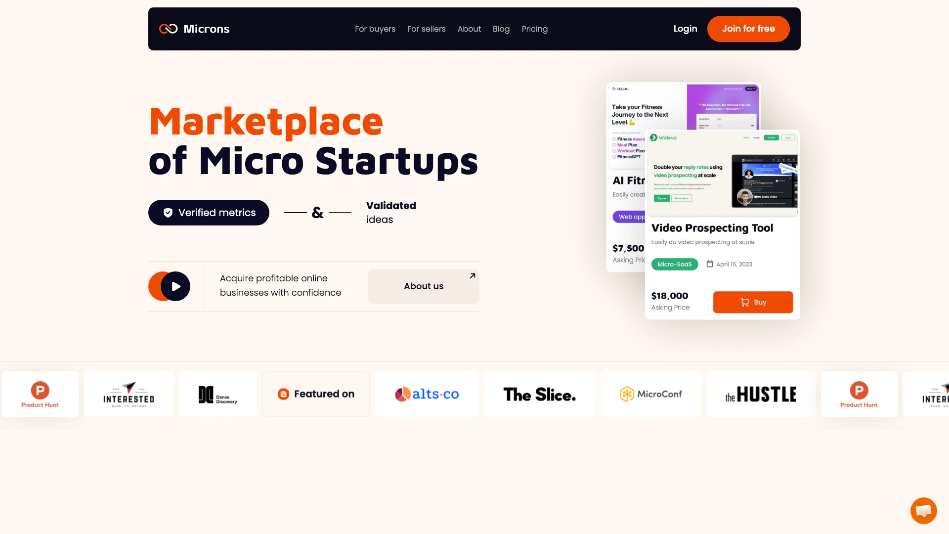 Microns website screenshot showing Discover micro startups for sale with ze... interface and features