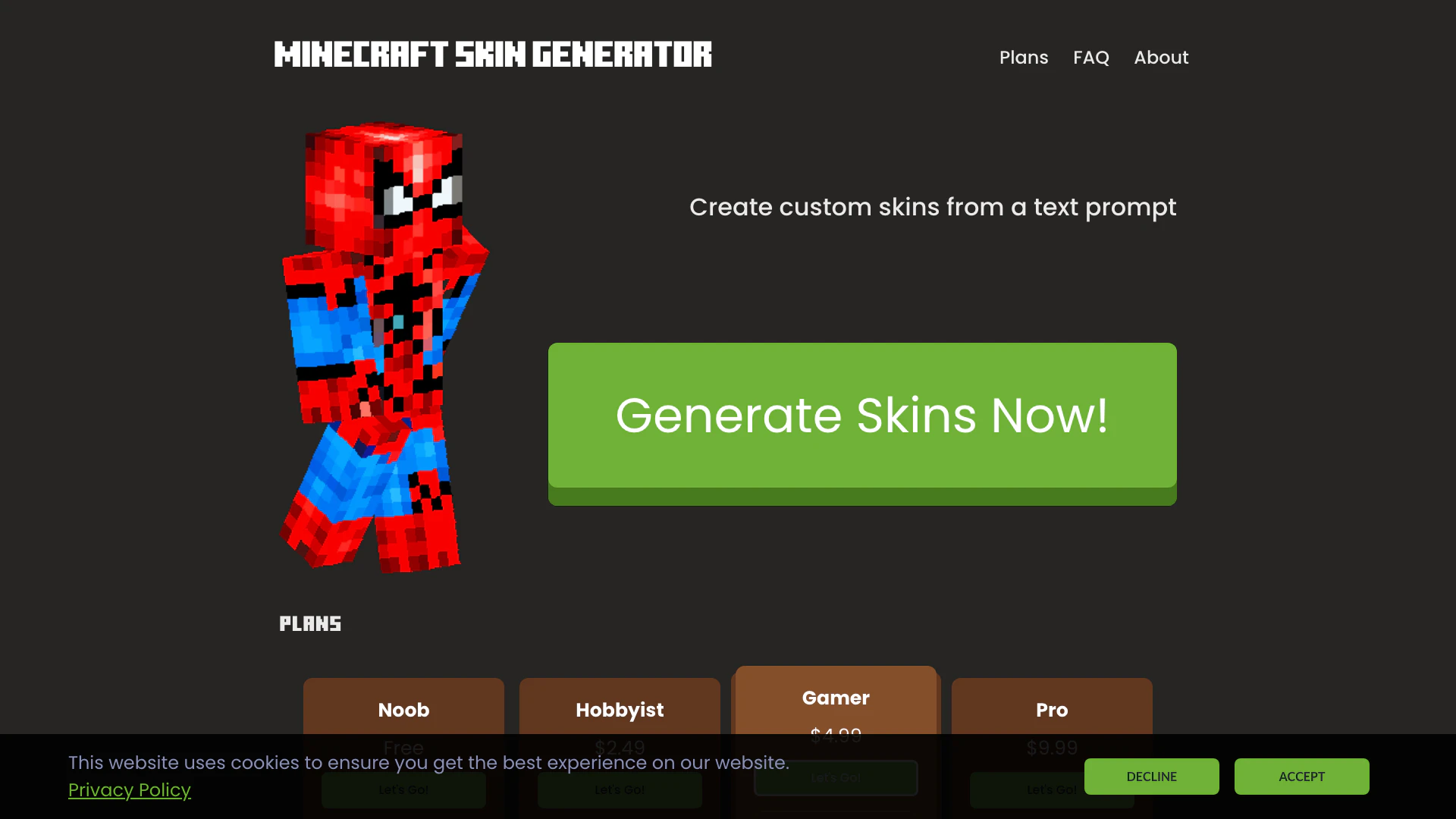 Minecraft Skin Generator website screenshot showing skingenerator.io - The Minecraft Skin Ge... interface and features