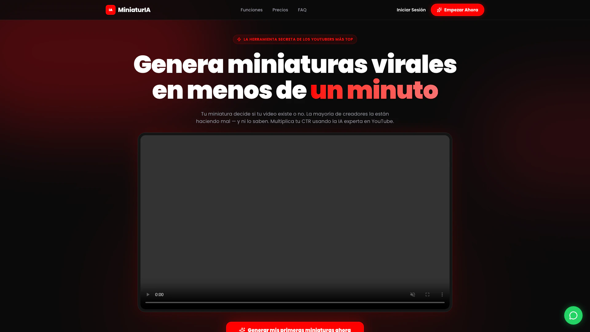 Miniatur Ia website screenshot showing Create viral thumbnails in under a minut... interface and features