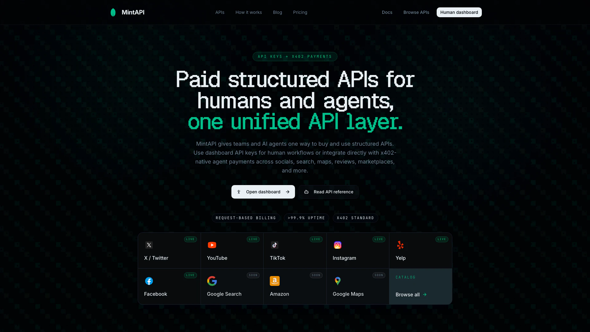 Mintapi website screenshot showing MintAPI는 팀과 AI 에이전트에게 다양한 데이터 소스에 대한 구조화... interface and features