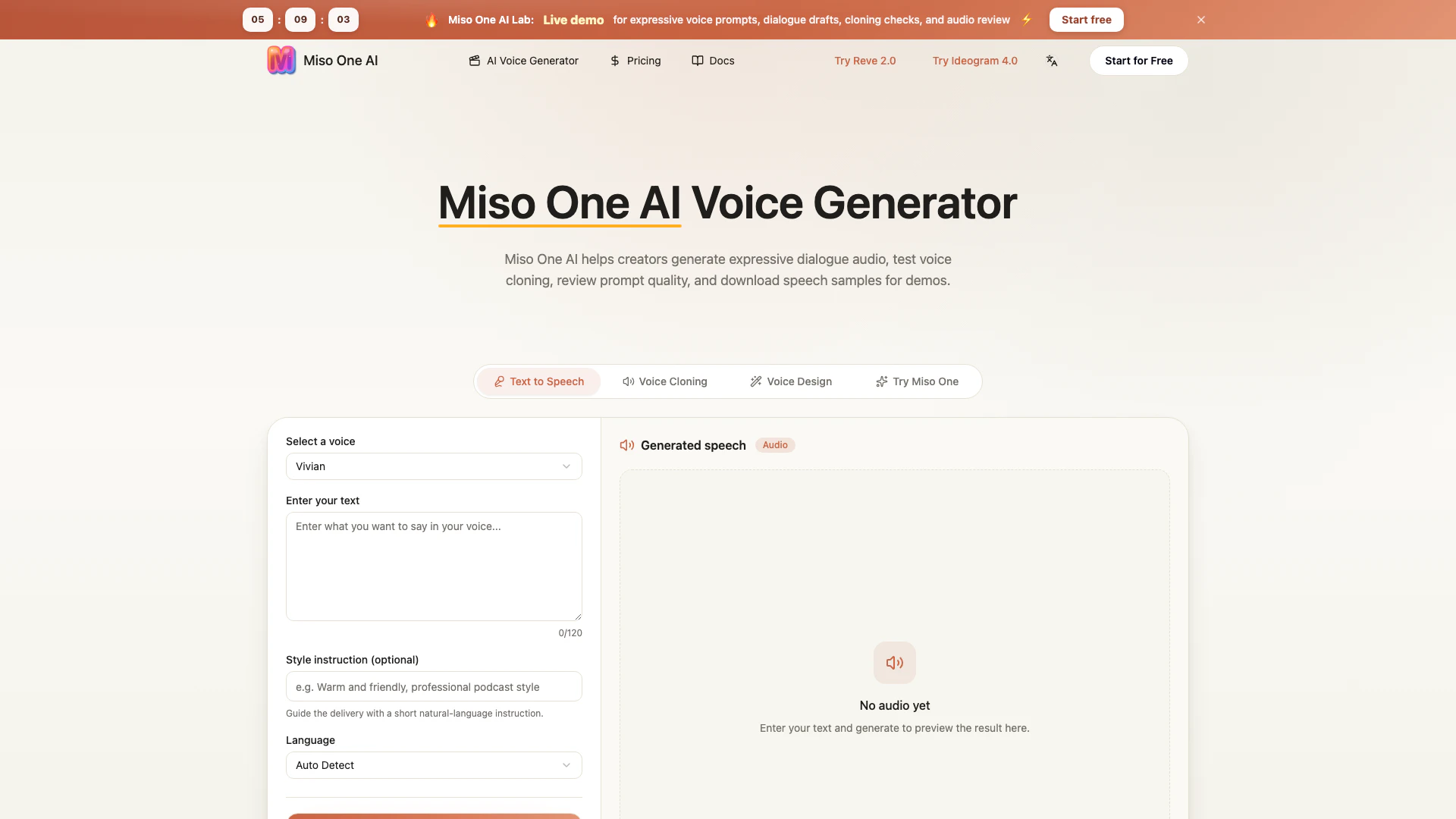 Misooneai website screenshot showing Try Miso One AI Voice Generator to creat... interface and features
