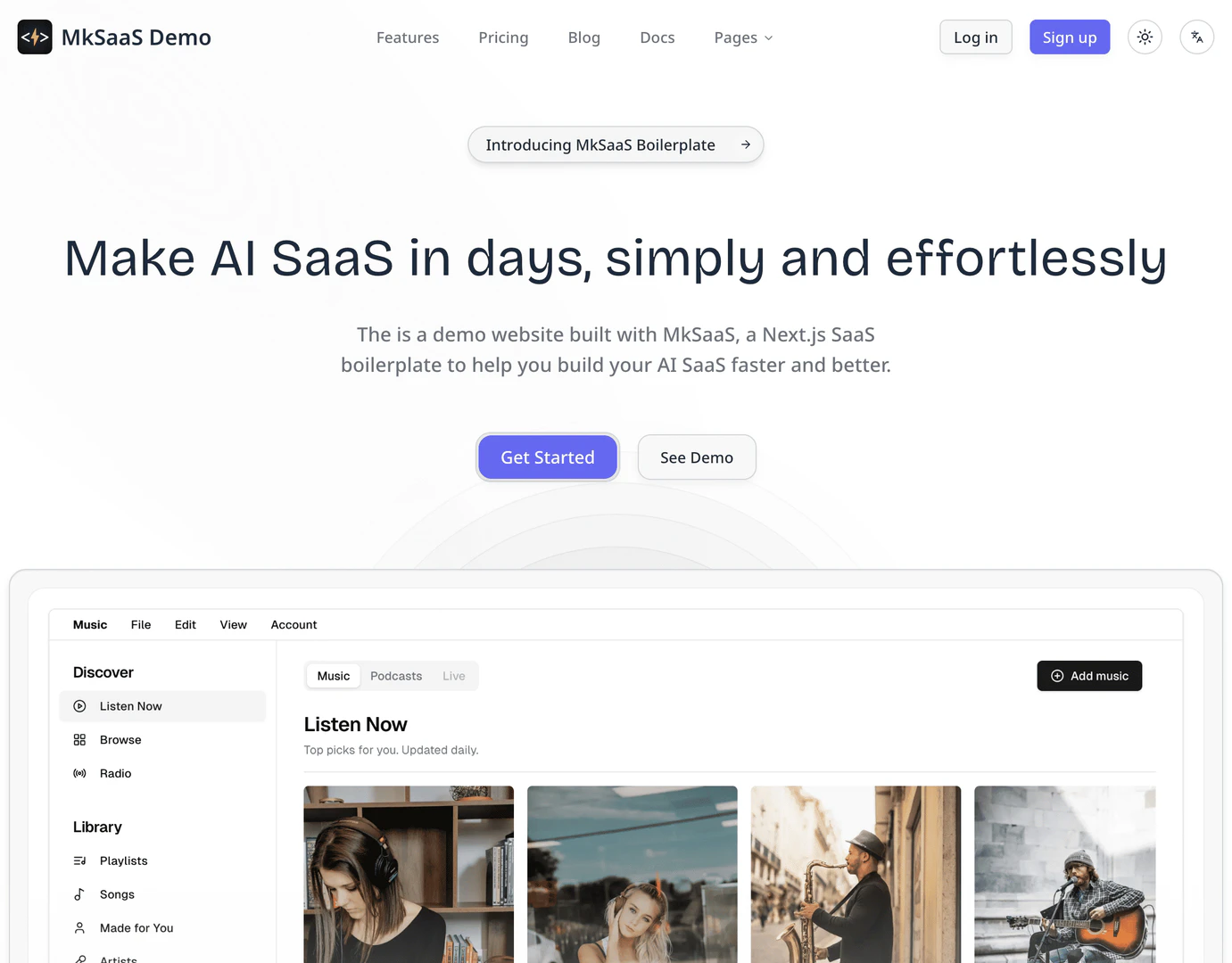 MkSaaS landing page customization interface
