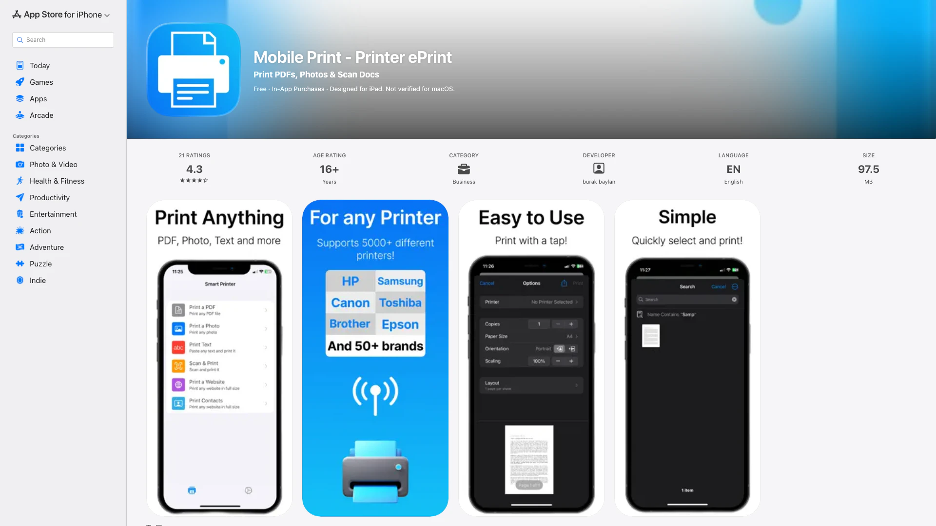 Mobile Print - Printer Eprint - iOS App website screenshot showing Mobile Print & Smart Printer allows you ... interface and features