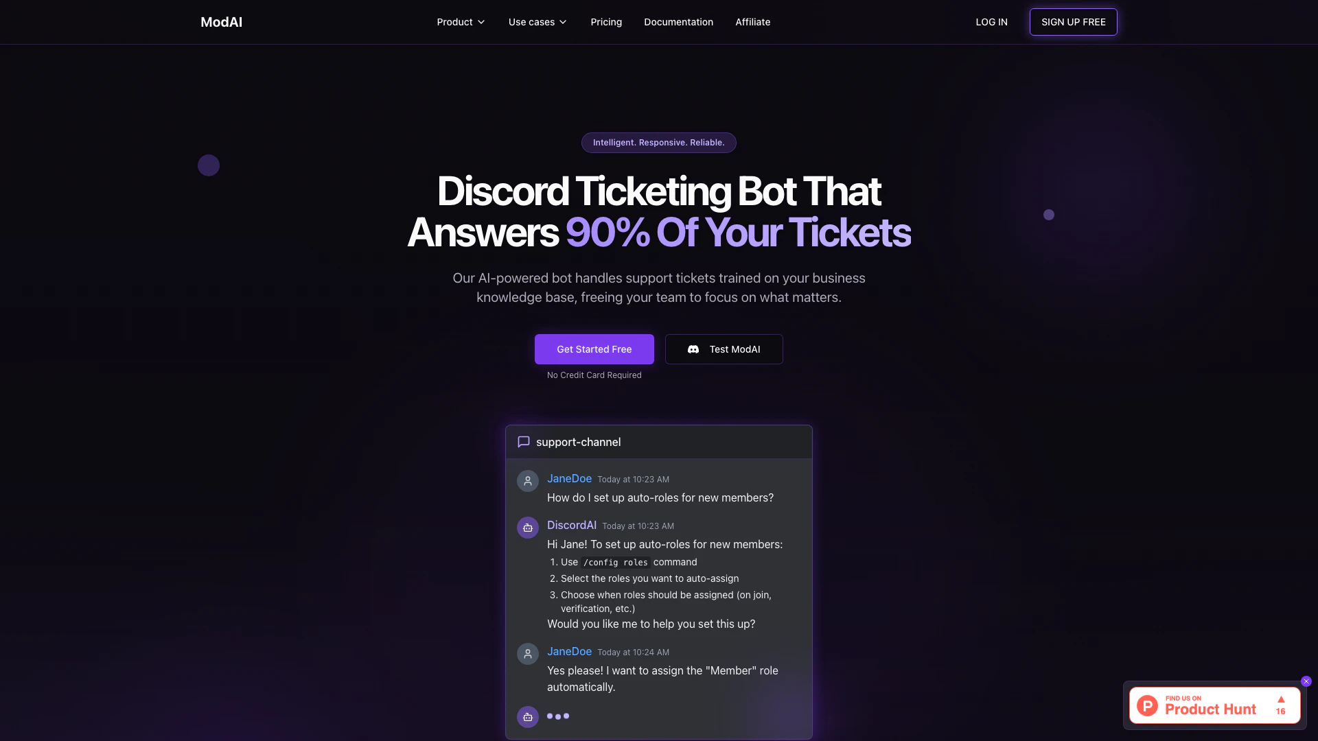 Modai website screenshot showing Bot de Discord impulsado por IA para sop... interface and features