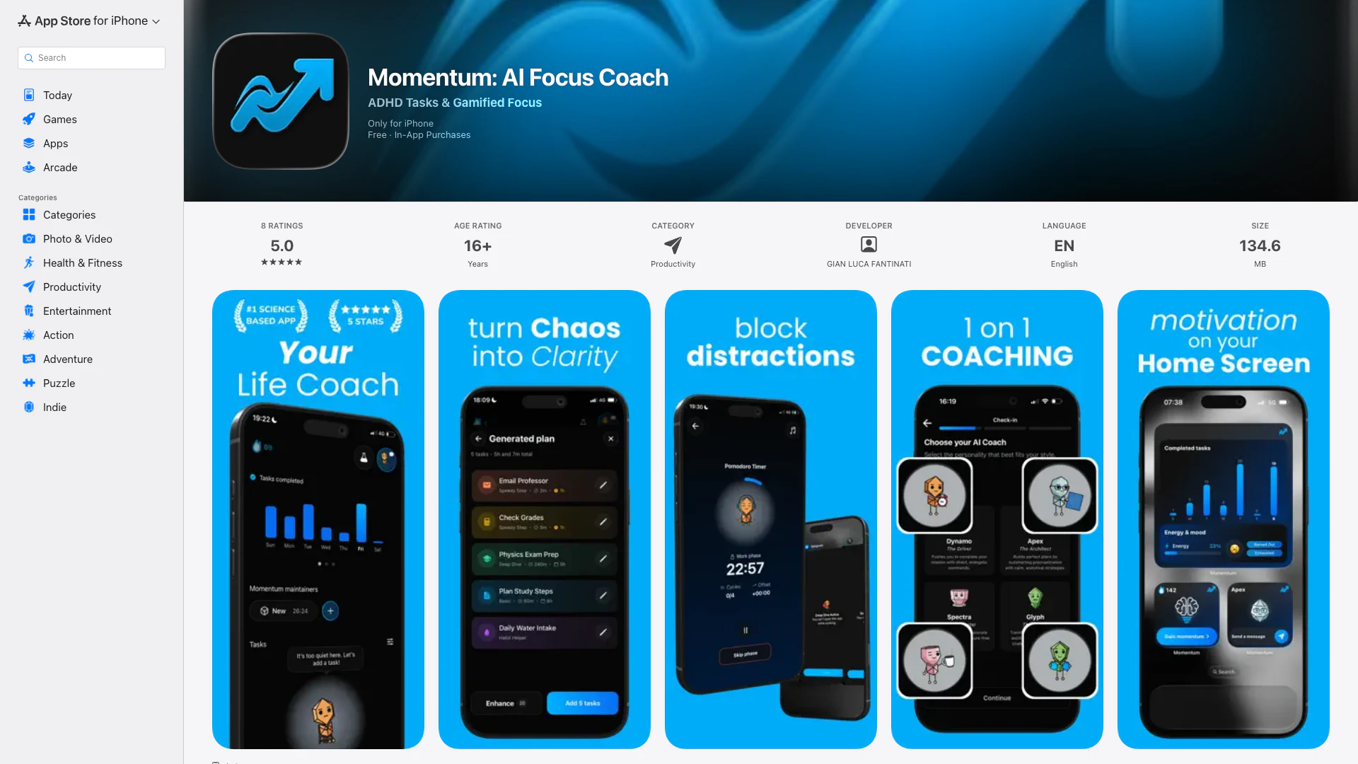 Momentum: Ai Focus Coach - iOS App website screenshot showing Momentum is your personal AI focus coach... interface and features