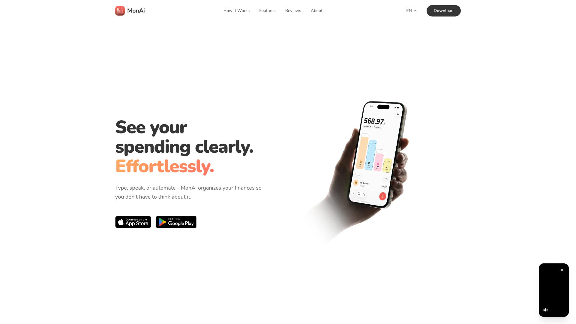 Monai website screenshot showing MonAi - AI powered expense tracker interface and features