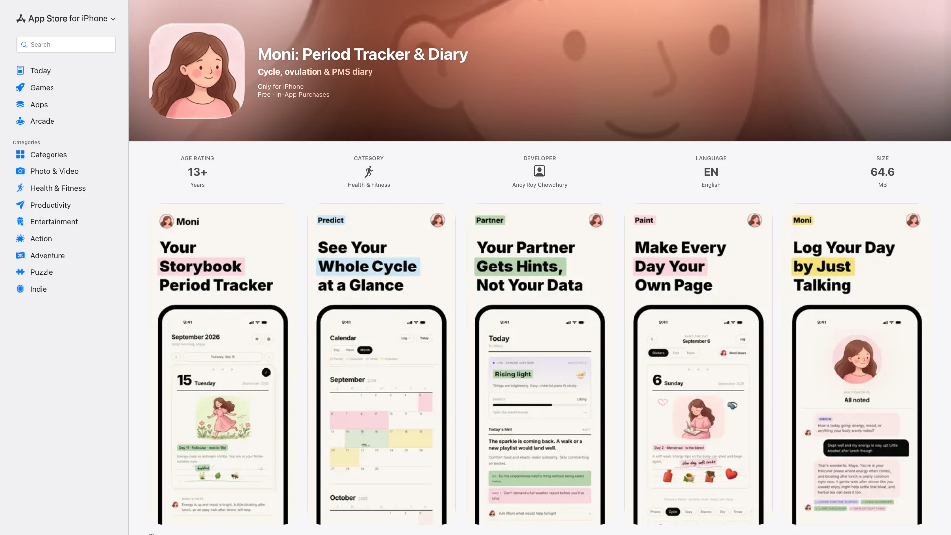 Moni: Period Tracker & Diary - iOS App website screenshot showing Moni is a period tracker that reads like... interface and features