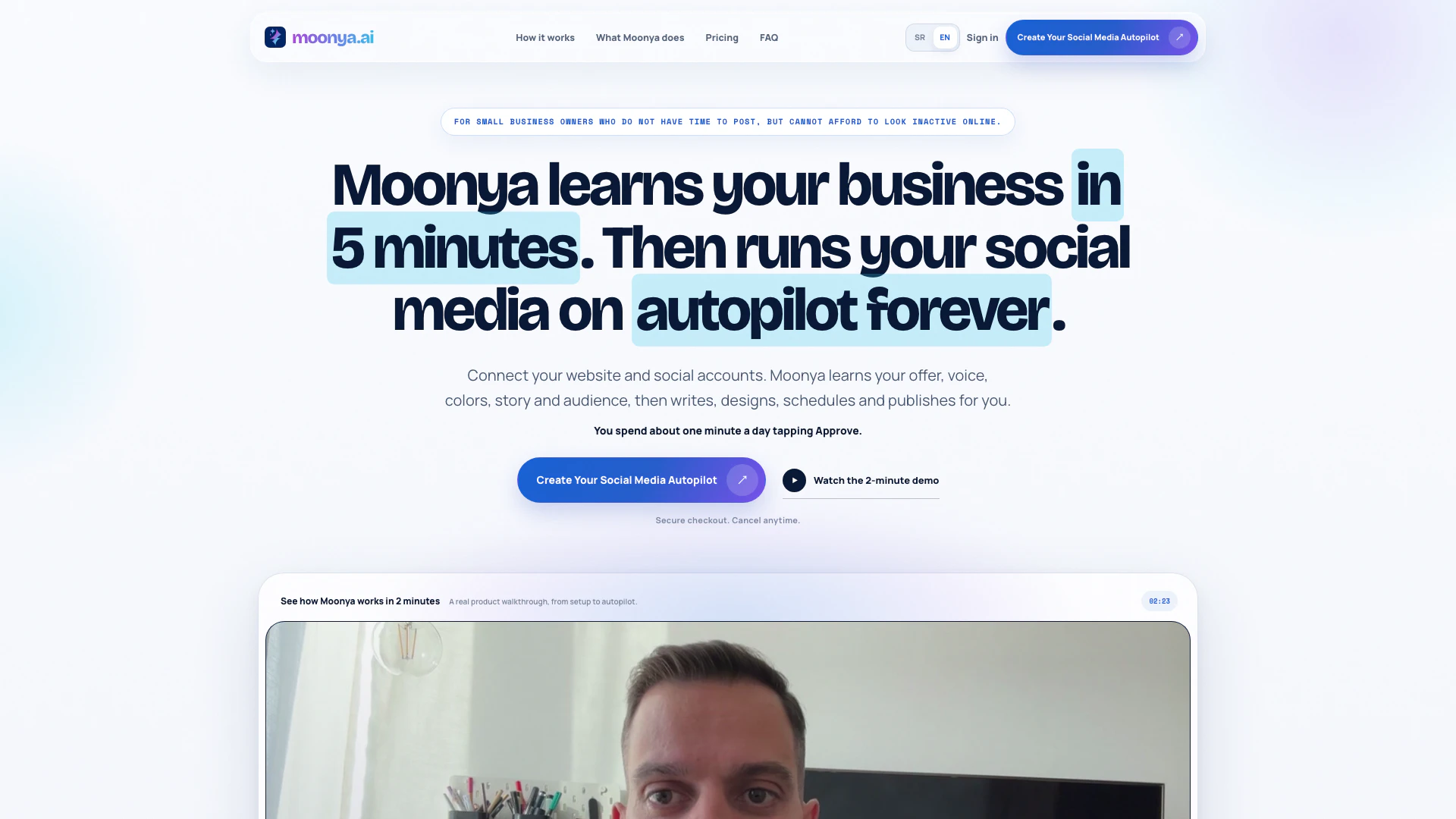 Moonyaai website screenshot showing Moonya learns your business in five minu... interface and features