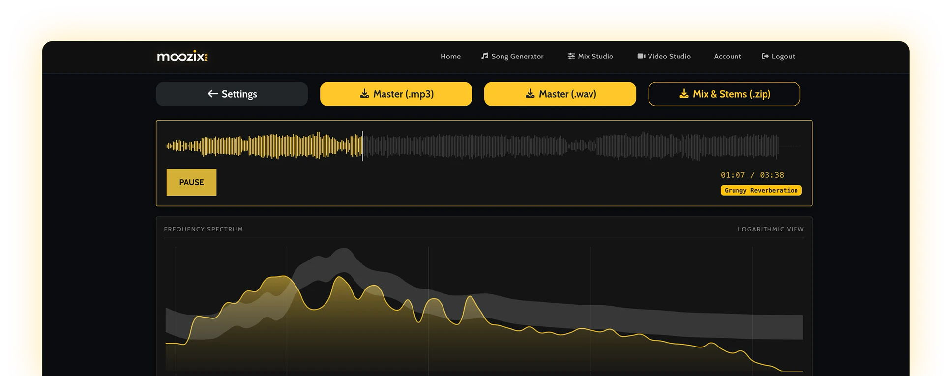 Moozix AI stem mixing interface showing final waveform output
